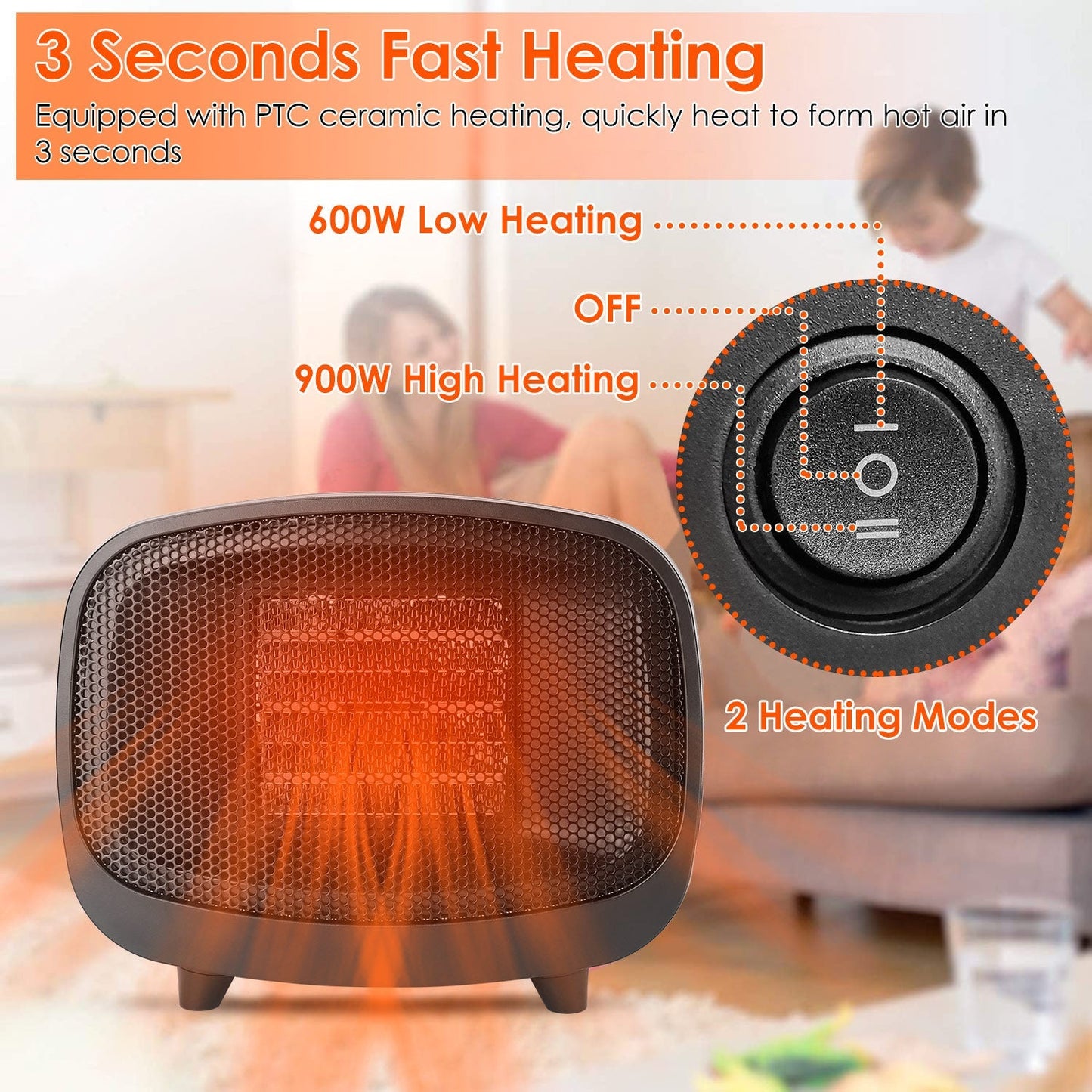 Small Electric Space Heater Portable Mini PTC Ceramic Space Heater Fan w/ Tip-Over and Overheat Protection for Bedroom Office Desk Indoor Use
