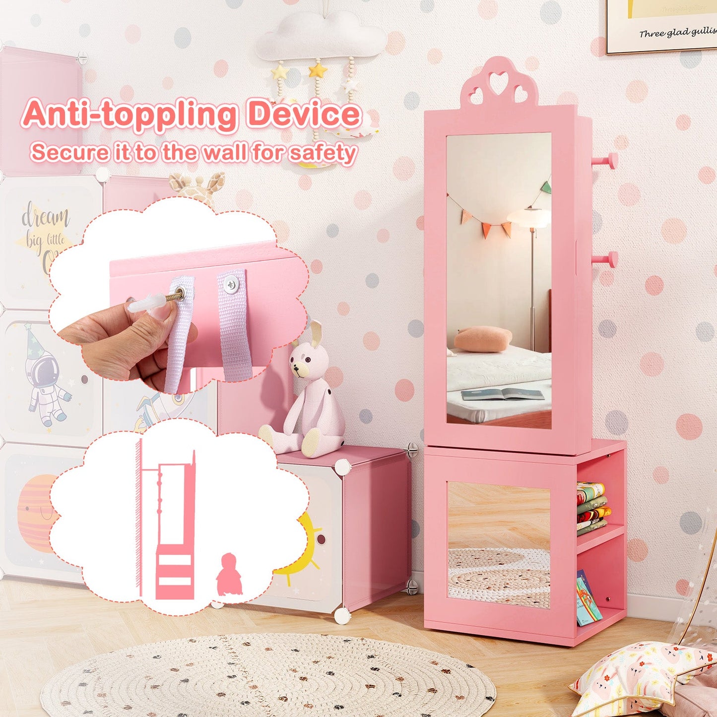 3-in-1 Freestanding Kids Jewelry Cabinet Armoire with Full Length Mirror-Pink
