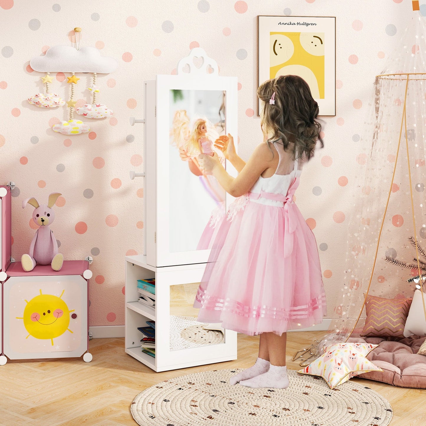 3-in-1 Freestanding Kids Jewelry Cabinet Armoire with Full Length Mirror-White