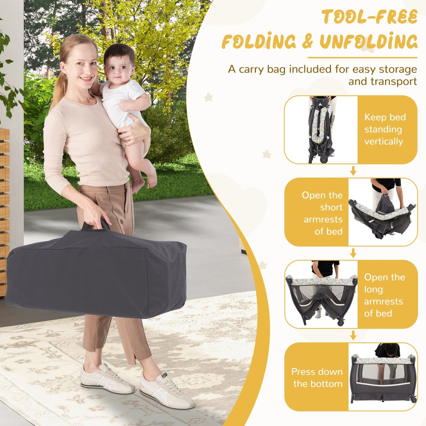 4 in 1 Portable Pack and Play Baby Nursery Center with Bassinet-Yellow
