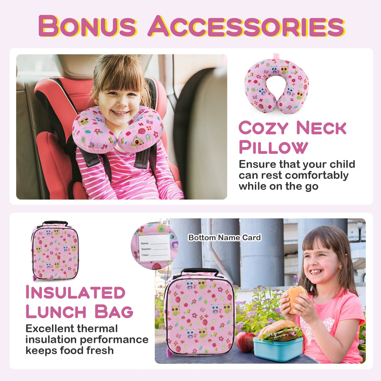 5 Piece Kids Luggage Set with Backpack Neck Pillow Name Tag Lunch Bag-Pink