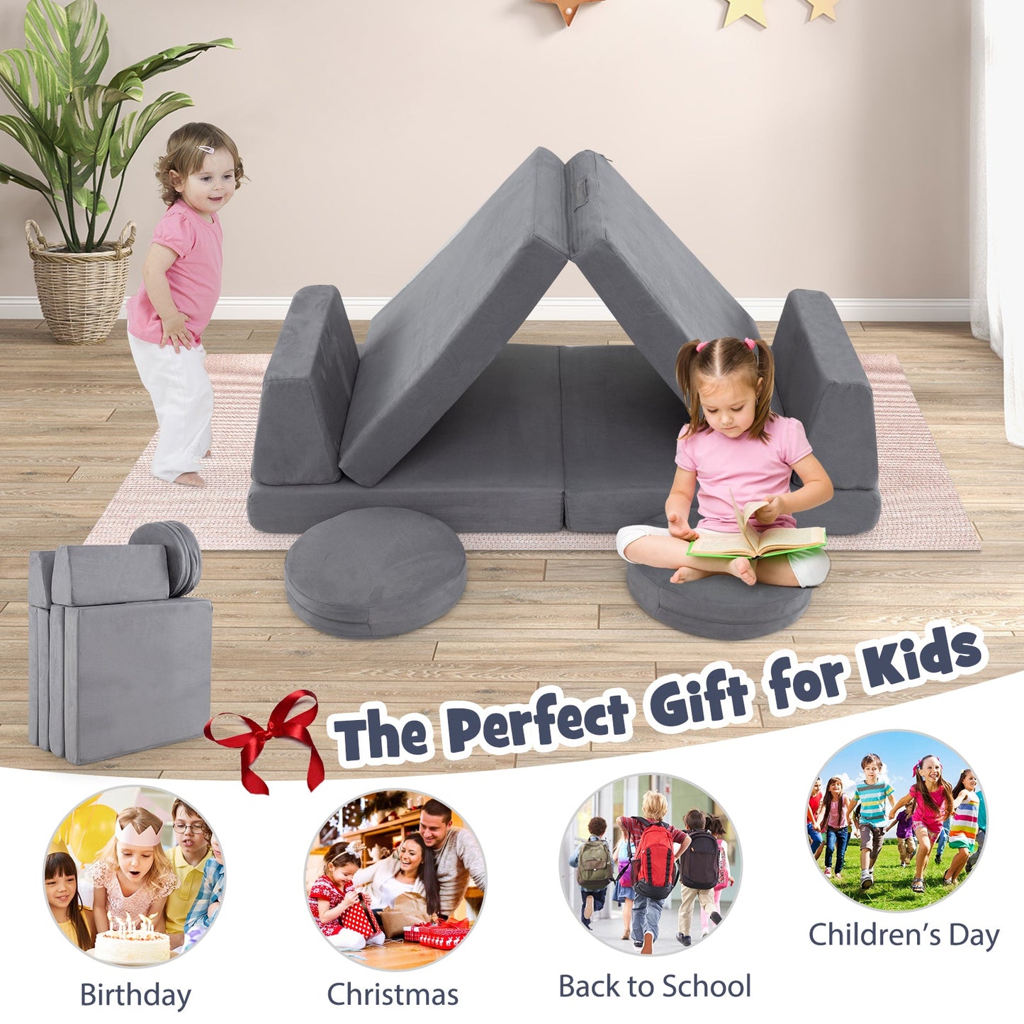 6 Pieces Modular Kids Play Couch Set with Washable Covers for Living Room Playroom-Gray