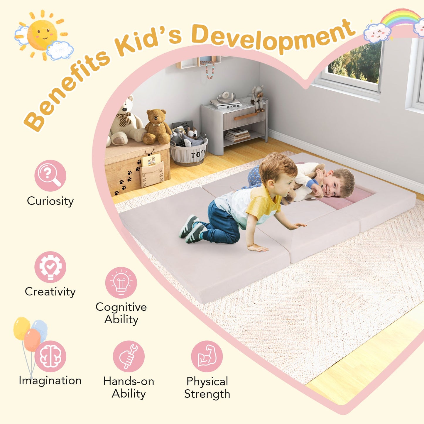 9-Piece Climb and Crawl Foam and Floor Playset with Breathable Suede Fabric-Pink