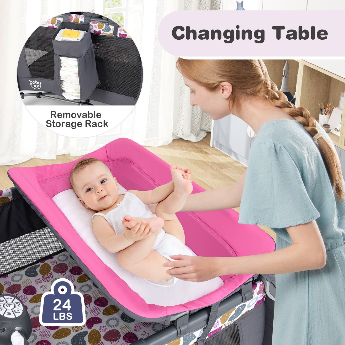 4-in-1 Convertible Portable Baby Playard Newborn Napper with Music and Toys-Pink