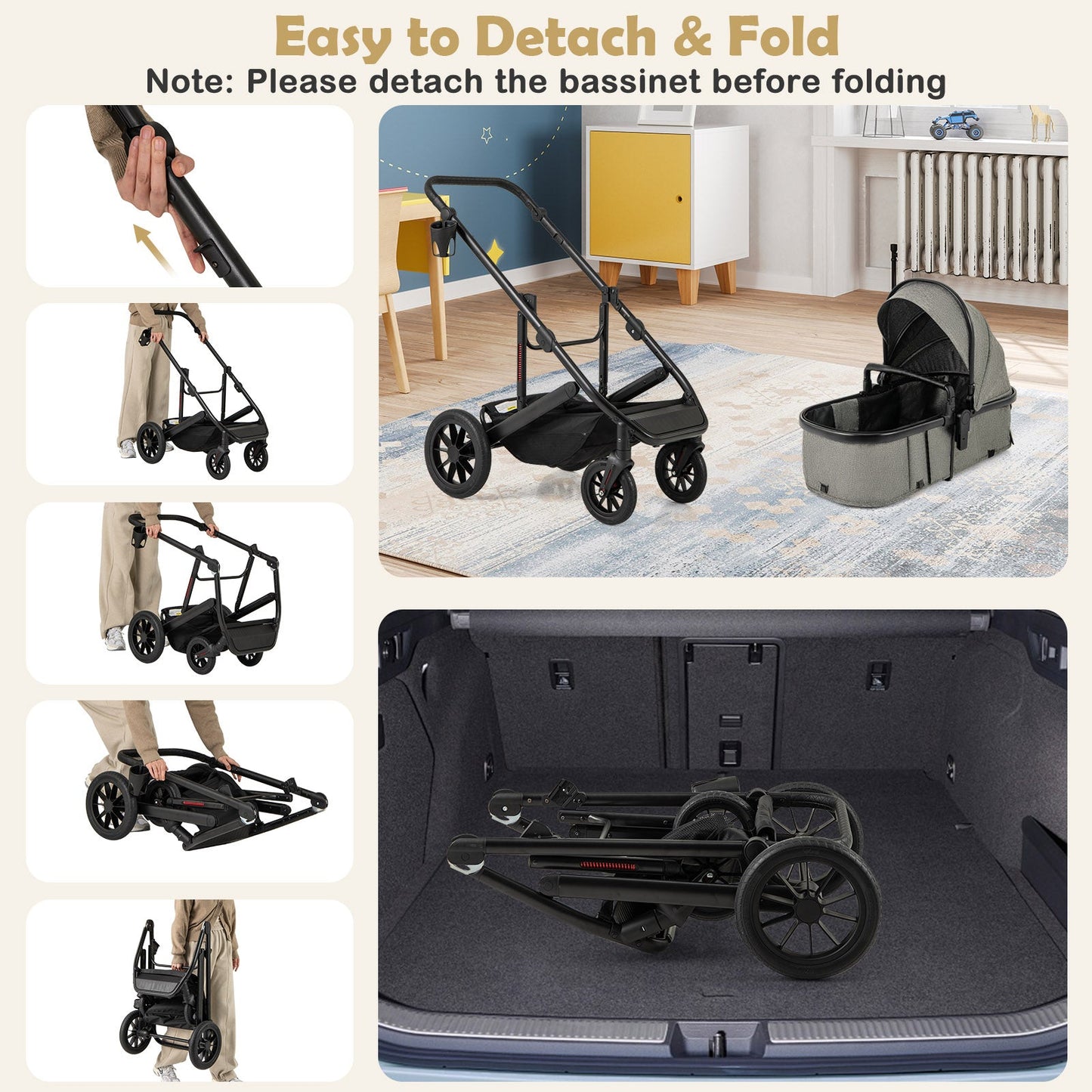 3-in-1 Folding Convertible Newborn Stroller with Detachable Bassinet-Gray