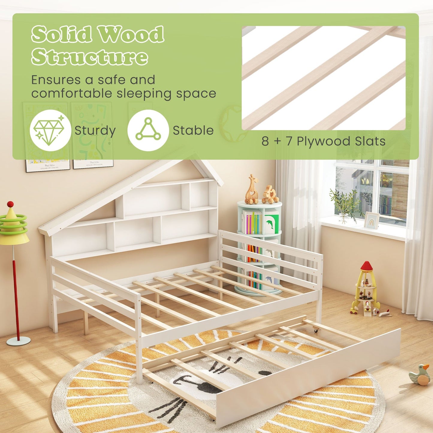 House-Shaped Full Size Daybed with Twin Size Trundle-White