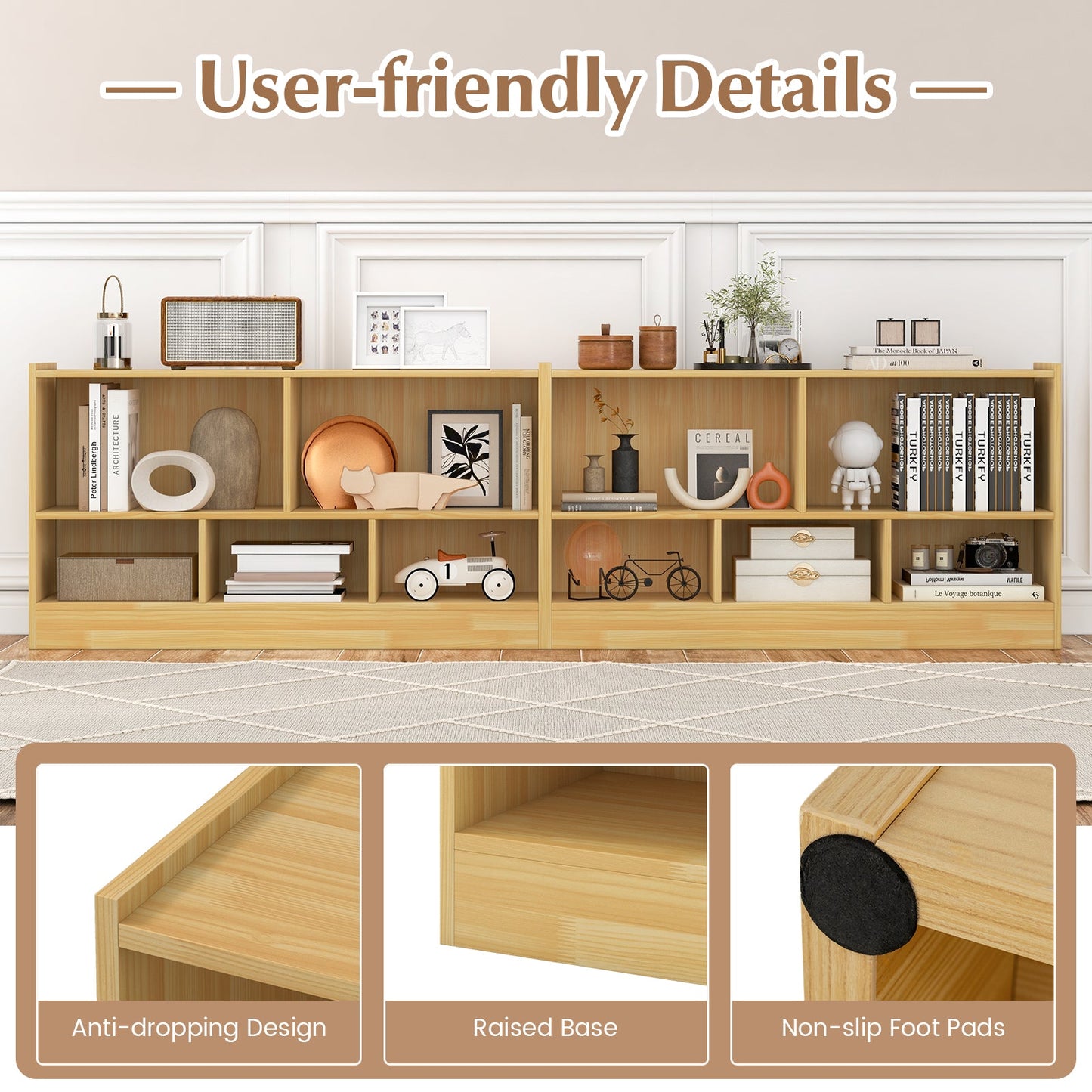 Kids 2-Shelf Bookcase 5-Cube Wood Toy Storage Cabinet Organizer-Beige