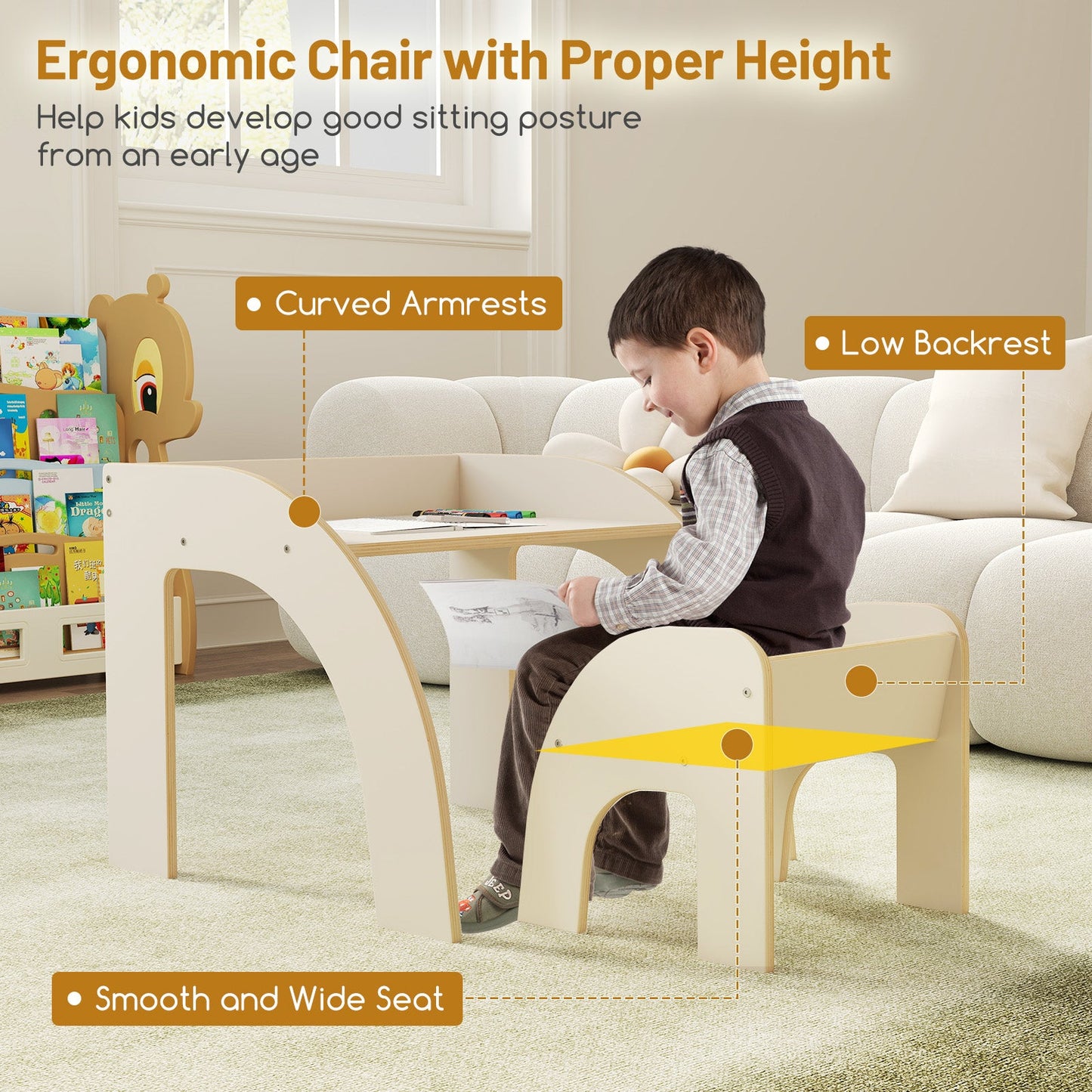 Kids Table and Chair Set with Wide Tabletop and Curved Edges for Kids Room-White