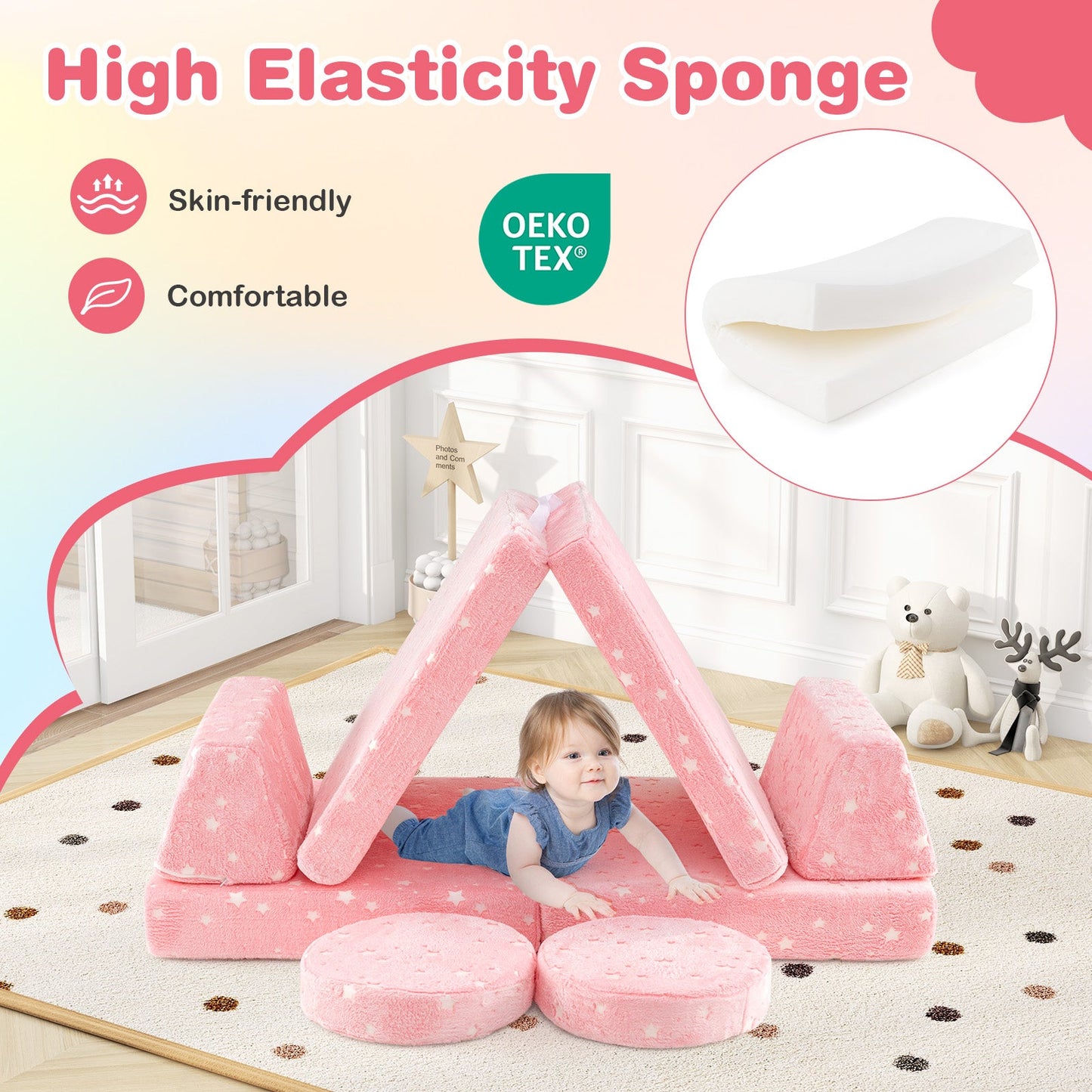 Modular Kids Play Couch Set Glow in the Dark with Portable Handles-Pink