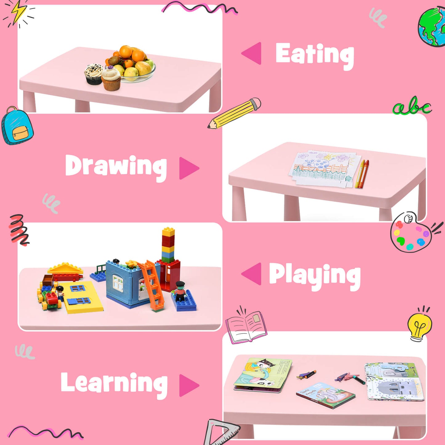 3 Pieces Toddler Multi Activity Play Dining Study Kids Table and Chair Set-Pink
