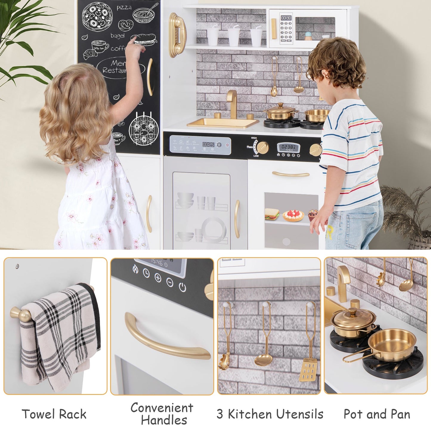 Pretend Play Kitchen with Utensils for Kids Aged 3+-White