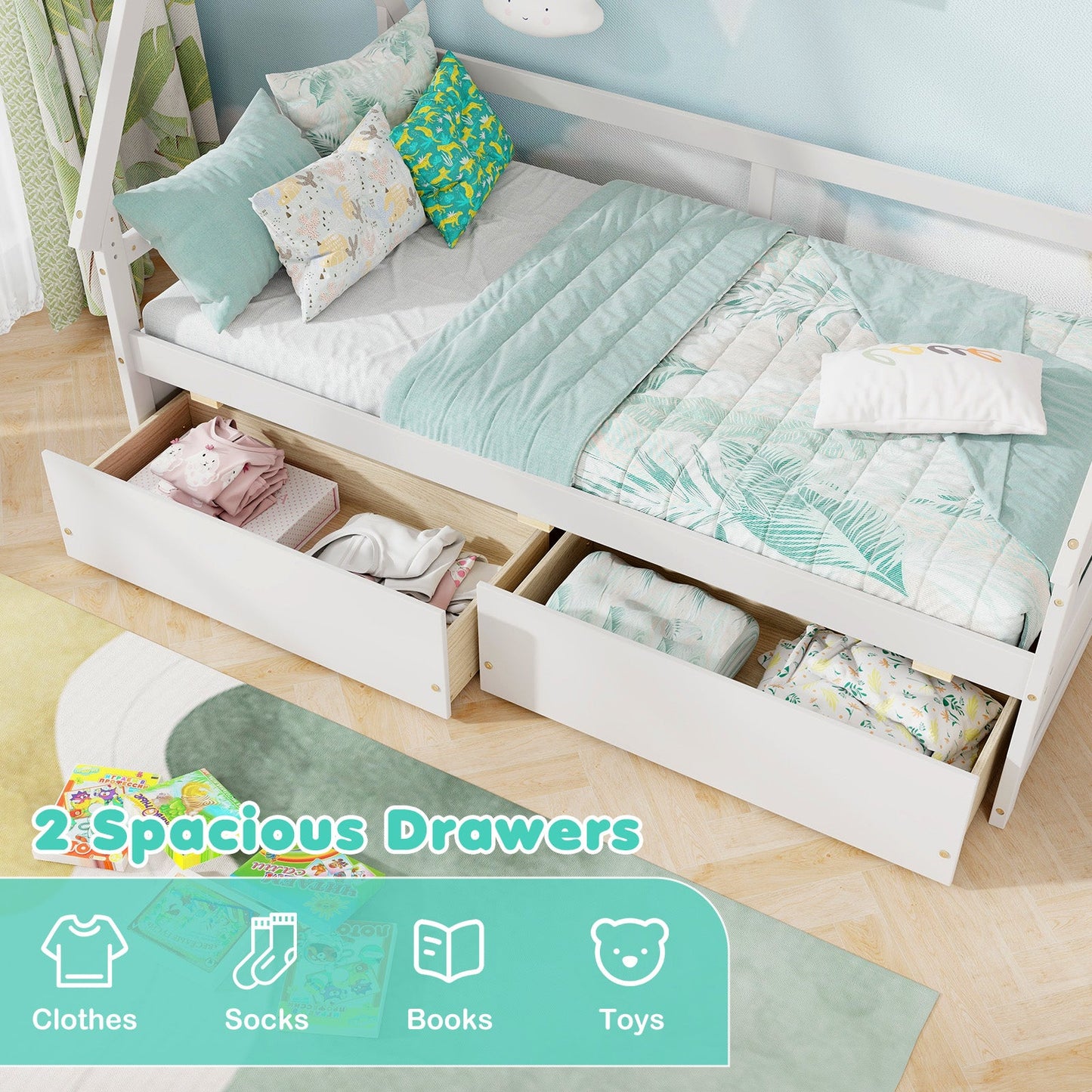 Twin Size House Bed with Roof and Safety Guardrail-White