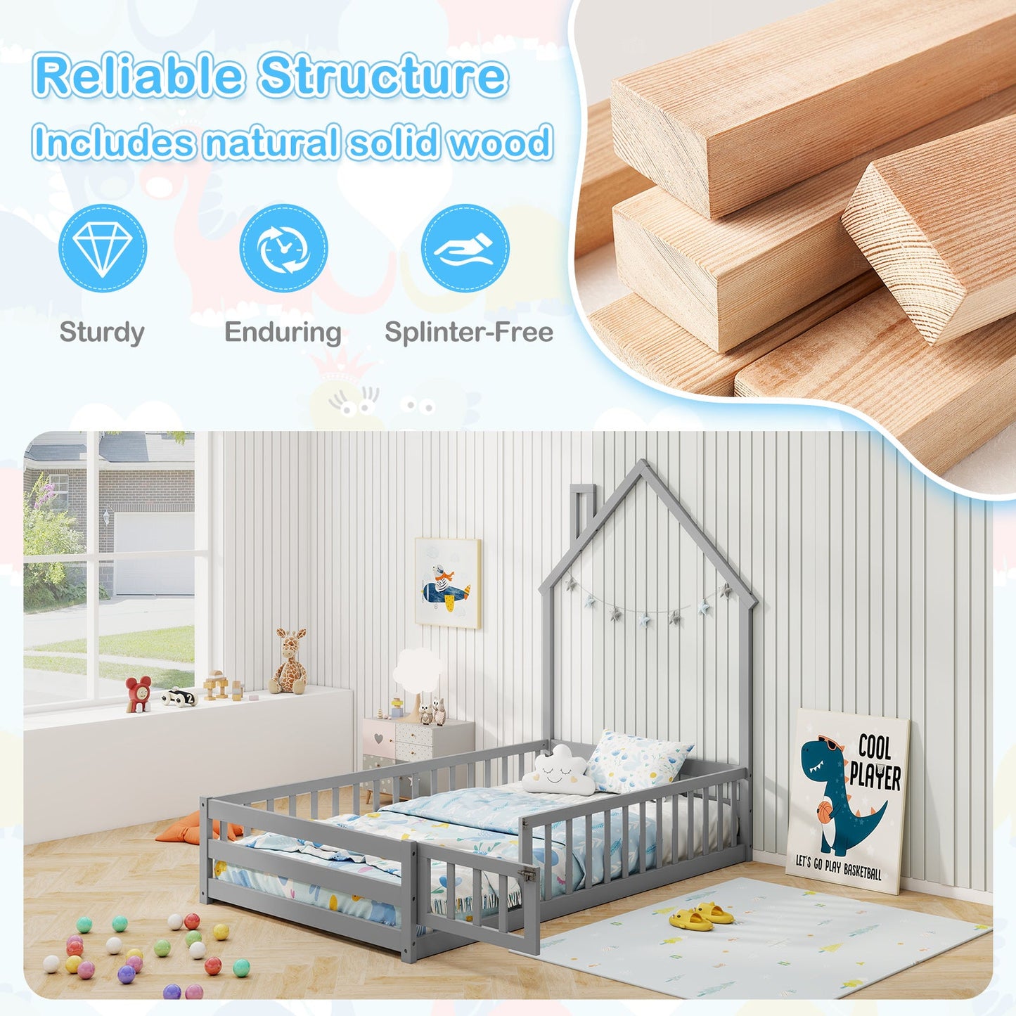 Twin Size Montessori Floor Bed with Lockable Door and Full-Length Guardrail-Gray