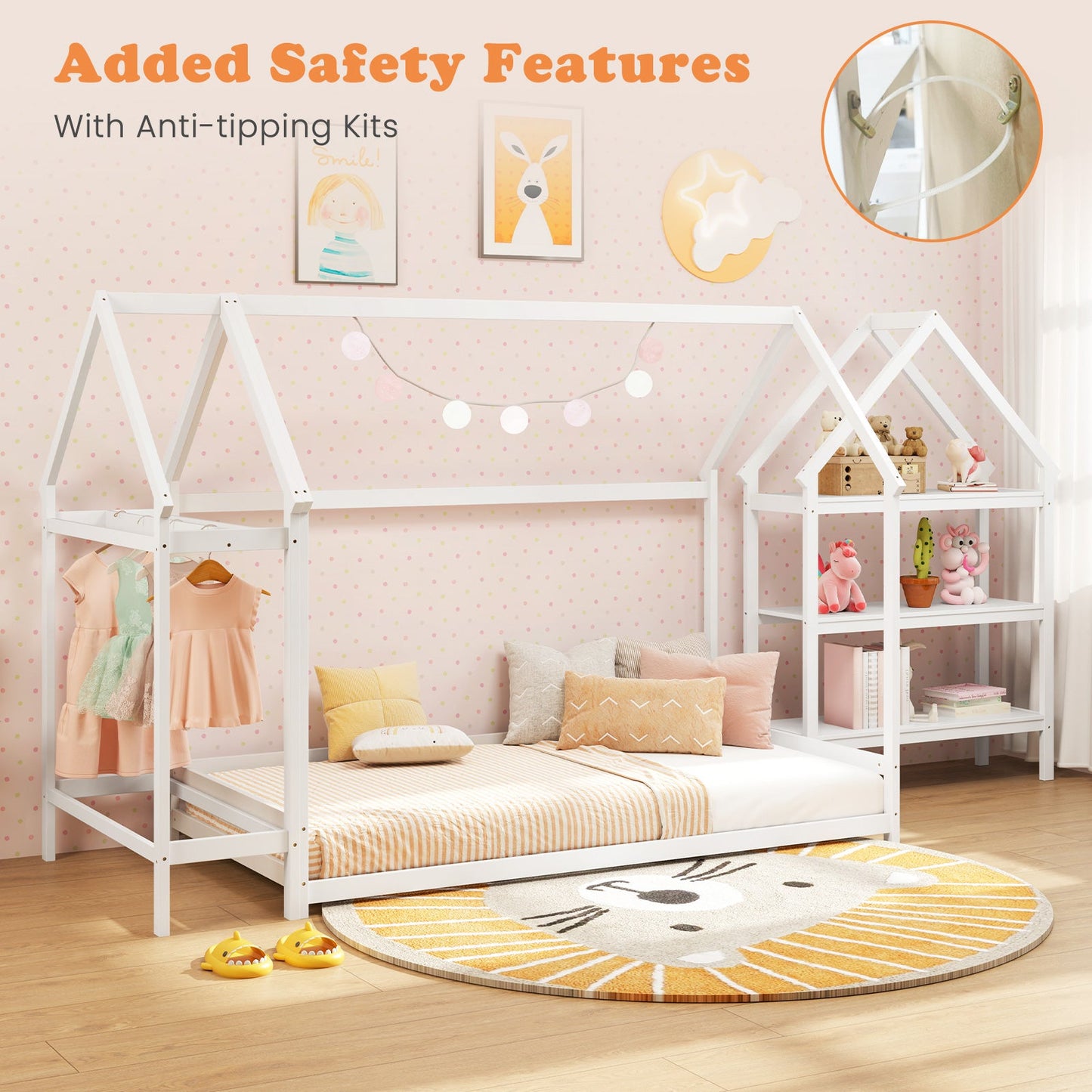 Twin Size Montessori Floor House Bed with Detachable Storage Shelves-White