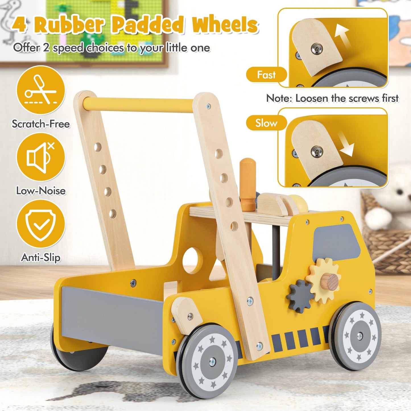 2-in-1 Wooden Baby Walker with Adjustable Speed and Bottom Storage-Yellow