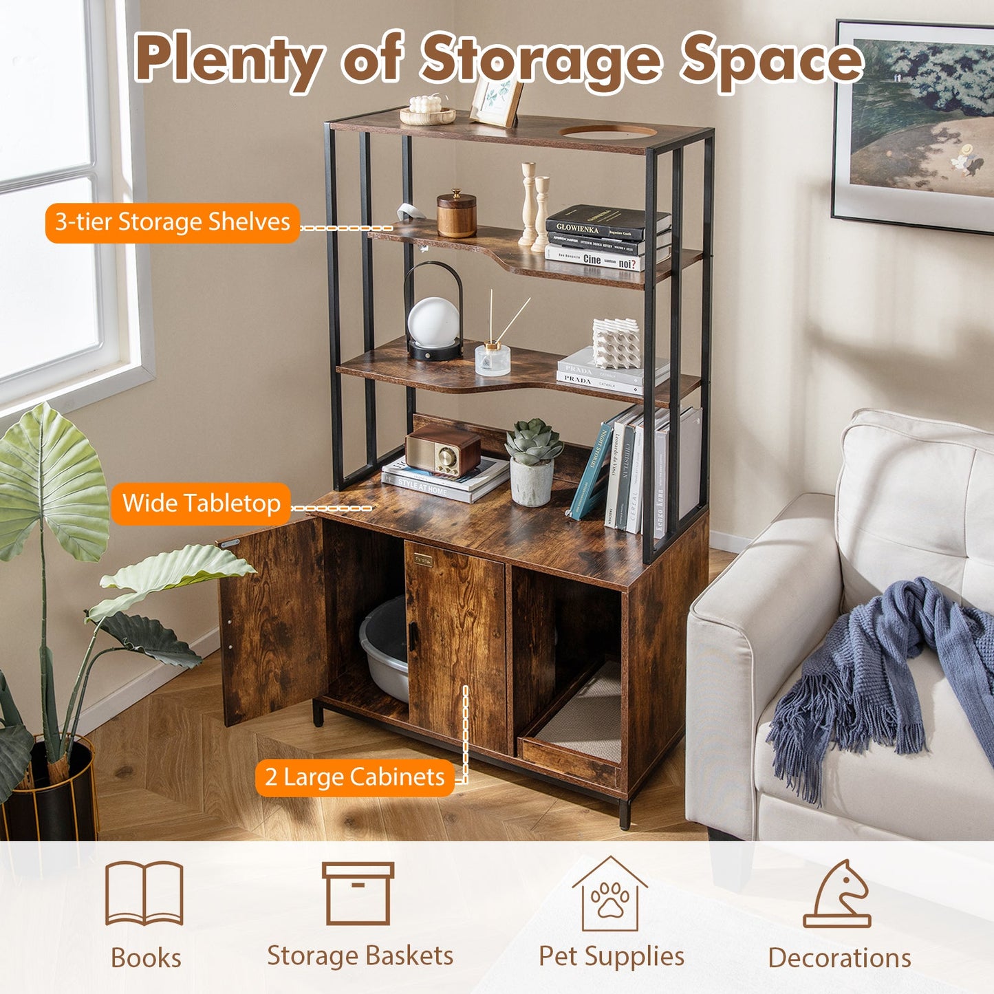 Cat Litter Box Enclosure with Storage and 3-tier Shelves-Rustic Brown