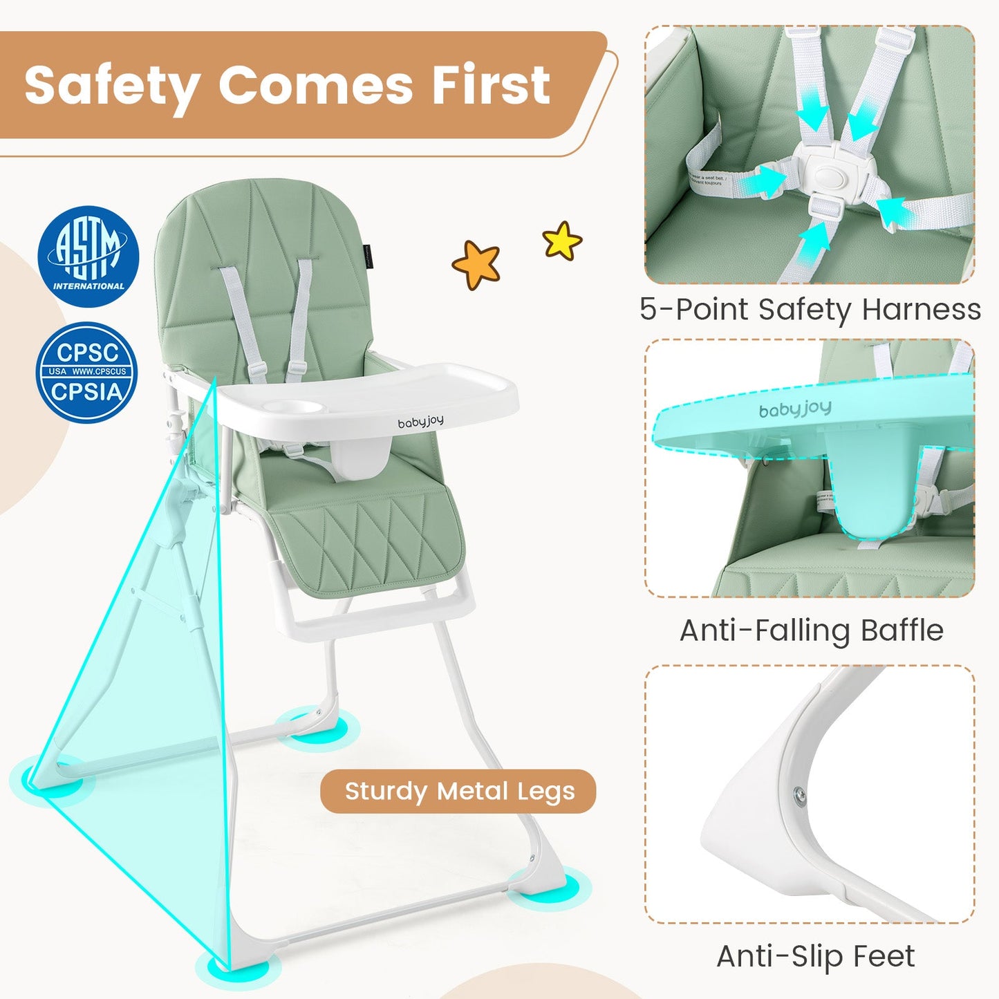 Easy Clean Compact Highchair with Removable Adjustable Tray and PU Seat Cushion-Green