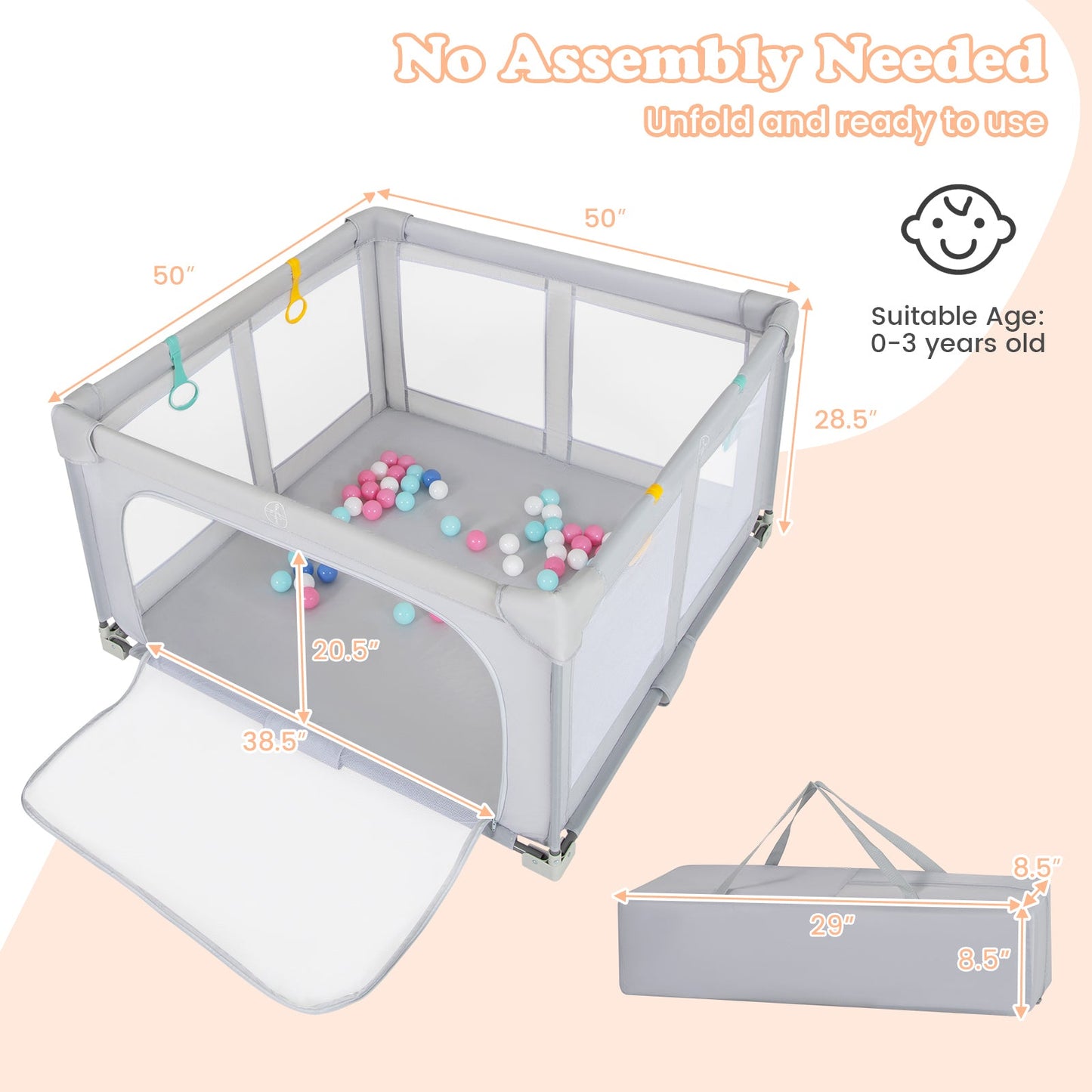 Large Baby Playpen BPA-Free Foldable Toddlers Safety Fence Play Yard with Zipper Gate-S
