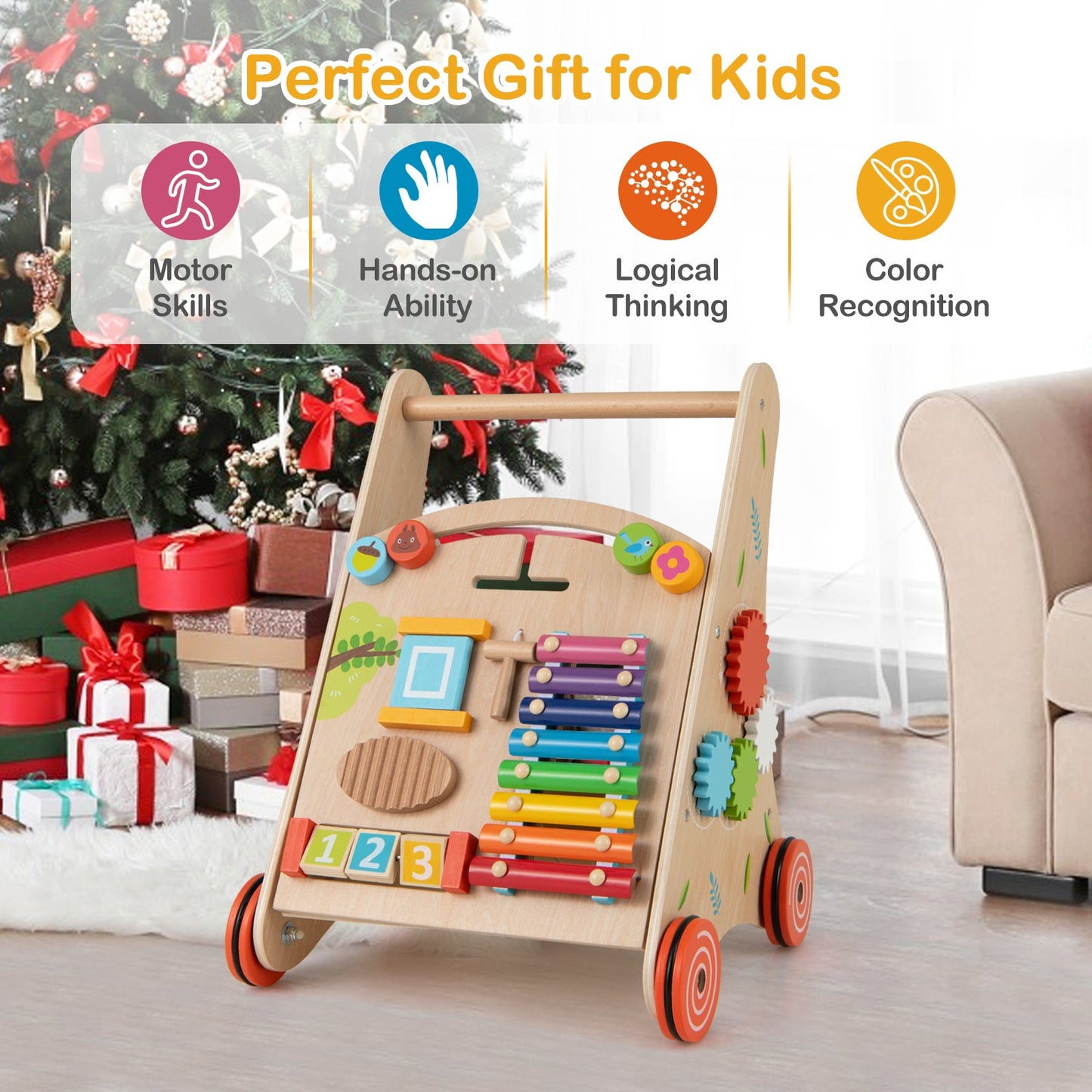 Wooden Push and Pull Baby Walker with Handle and Storage-Natural