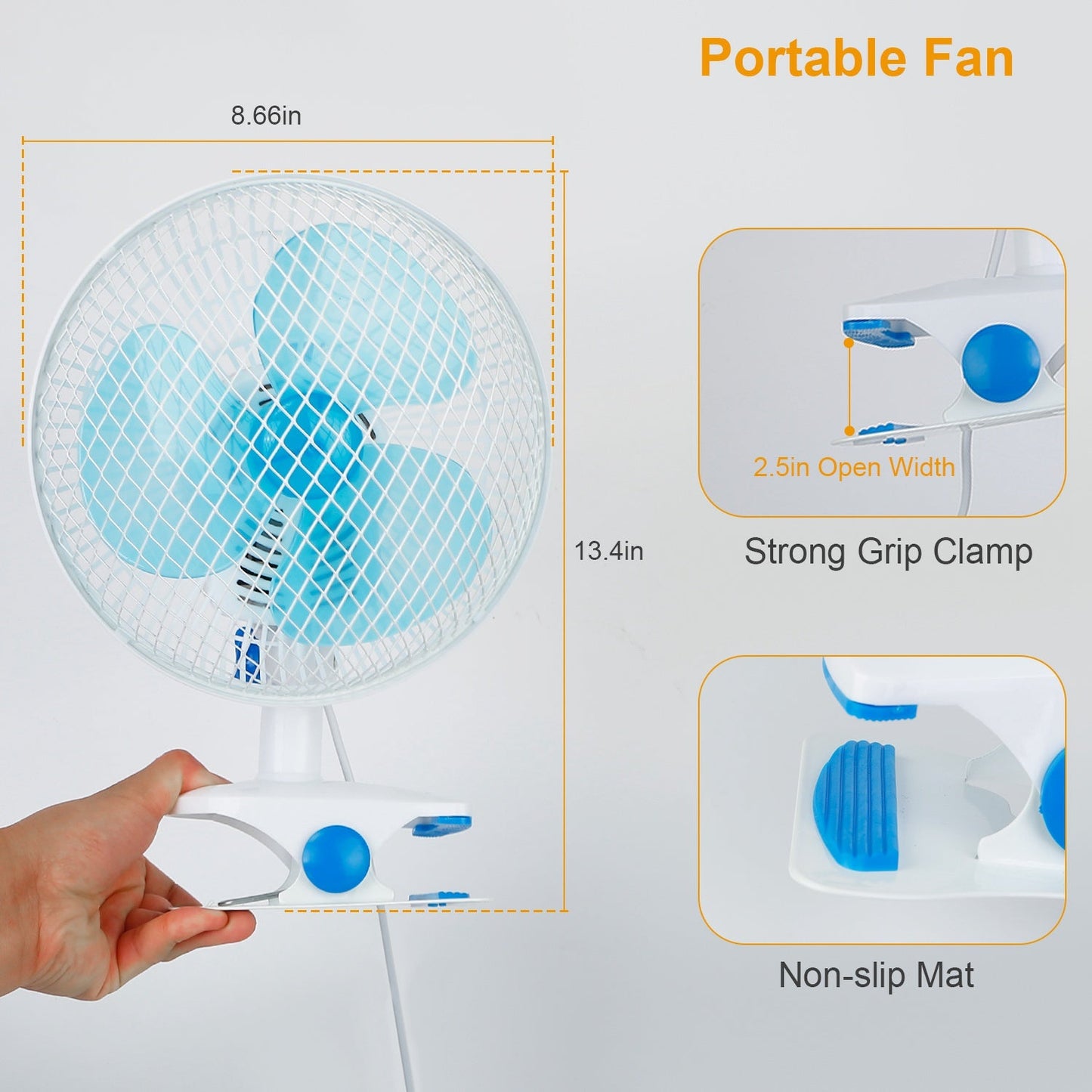 Clip On Fan 2 Speeds Quiet Clamp Fan Adjustable Tilt Auto Shaking Fan Wall Mount Personal Fan For Desk Office Home Baby Strollers Table Tops w/ 3.94FT