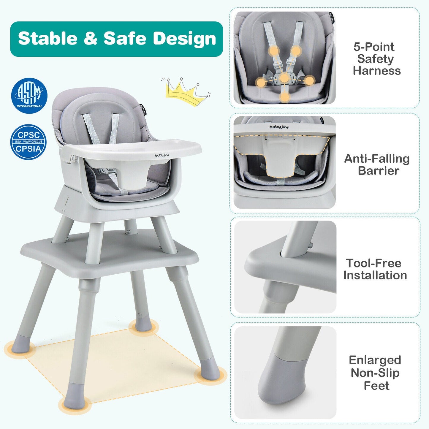 6-in-1 Convertible Baby High Chair with Adjustable Removable Tray-Gray