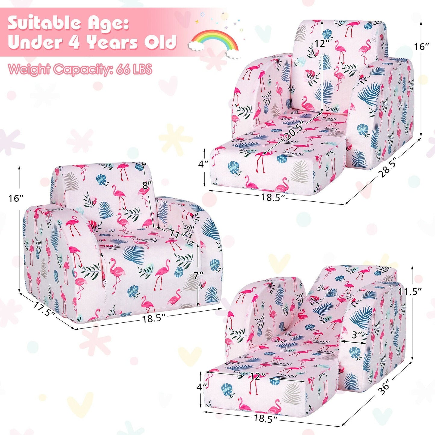 3-in-1 Convertible Kid Sofa Bed Flip-Out Chair Lounger for Toddler-Pink