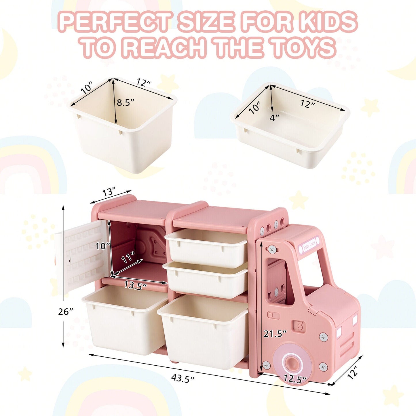 Toddler Truck Storage Organizer with Plastic Bins-Pink