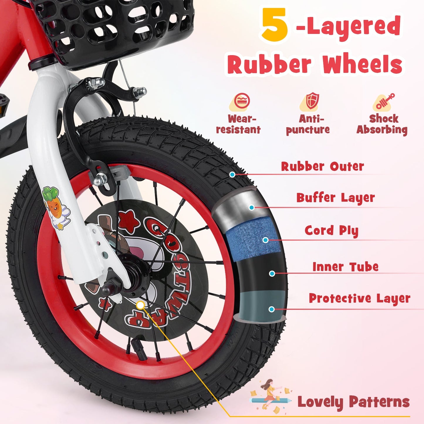 12 Inch Kids Bike Adjustable with Storage Basket and Double Brake for 3-4 Years Old-12 inches
