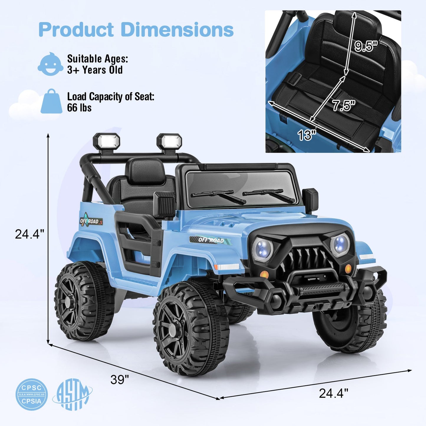 12V Kids Ride on Truck Car with Remote Control Threaded Wheels and 3 Speeds-Navy