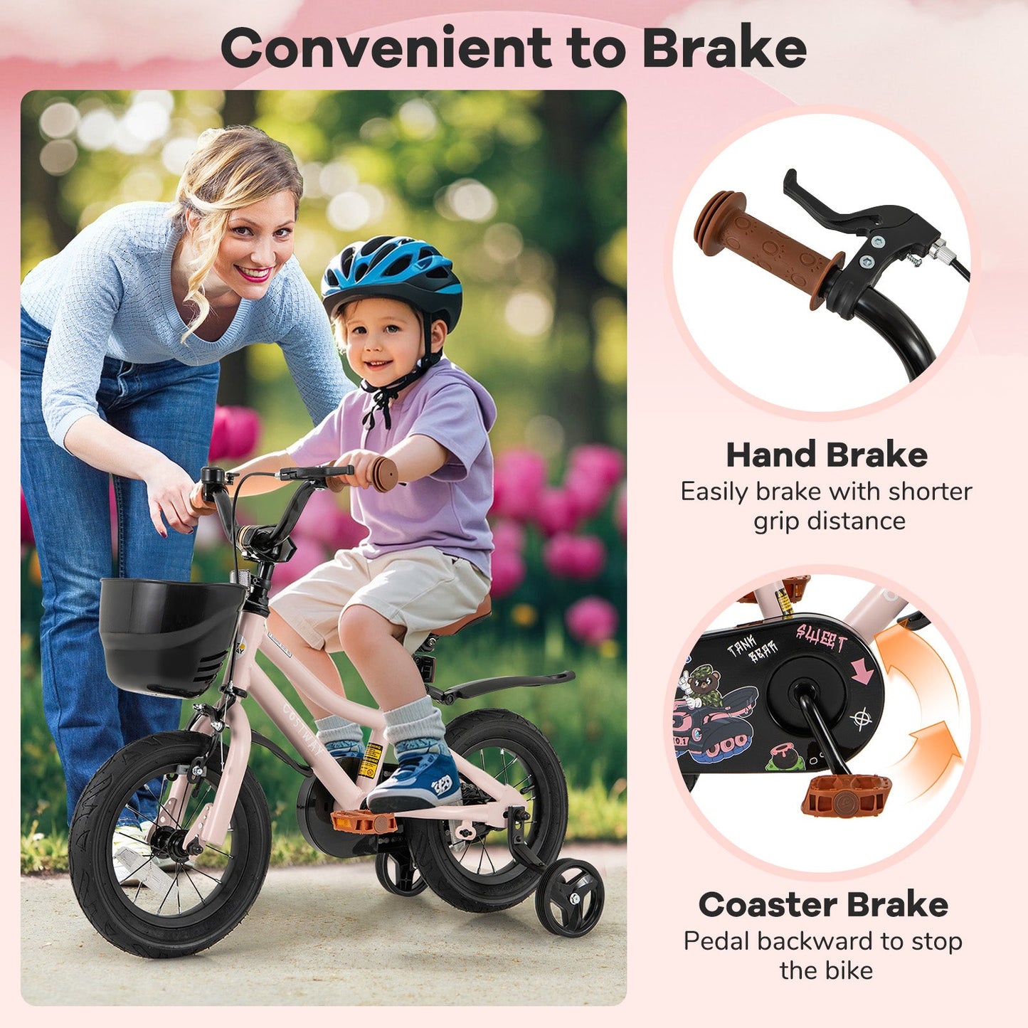 12 Inches Kids Bike with Basket and Adjustable Handlebar for 3-4 Years Old