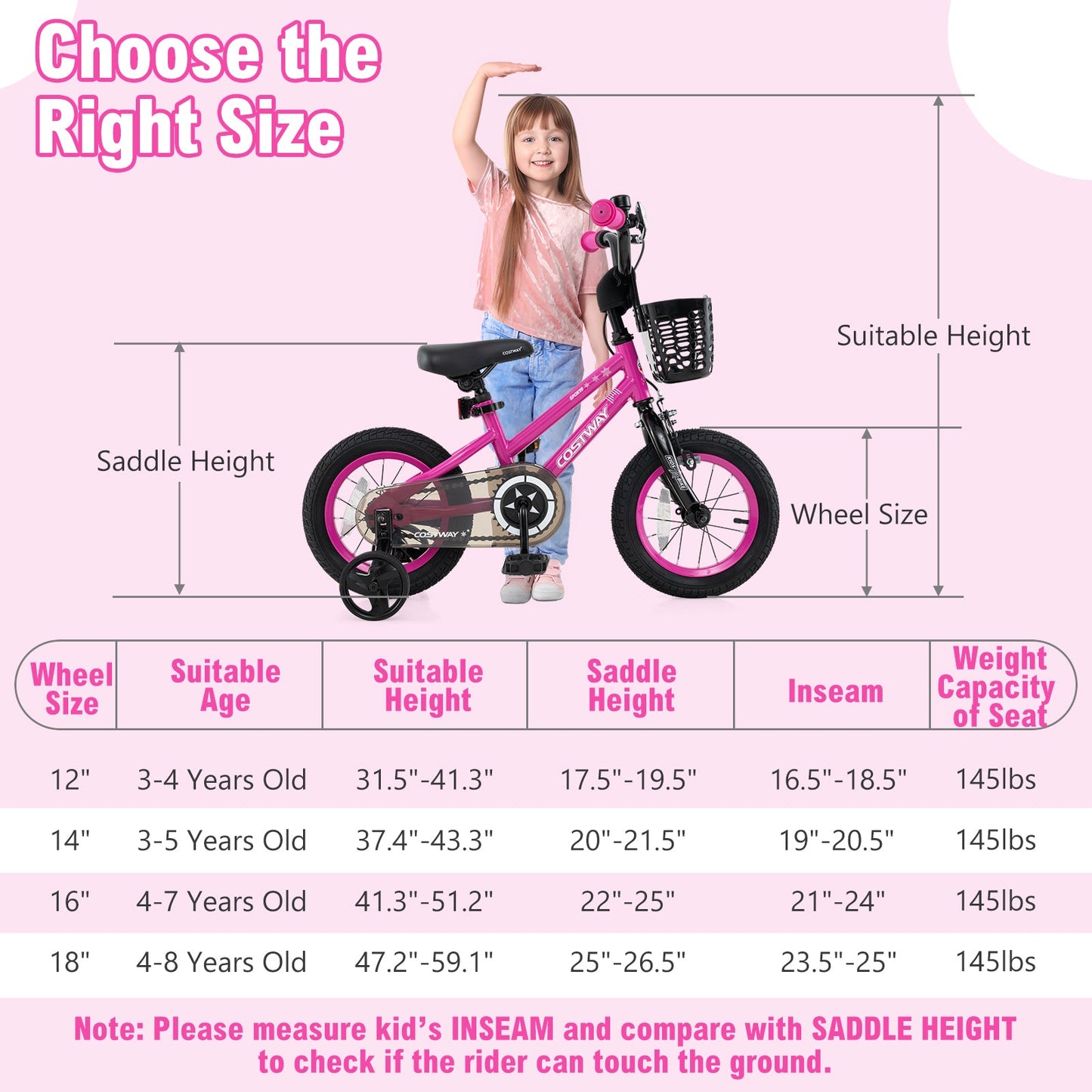 12 Inch Kids Bike Adjustable Bicycle with Front Basket for Children Aged 3-4 Years Old