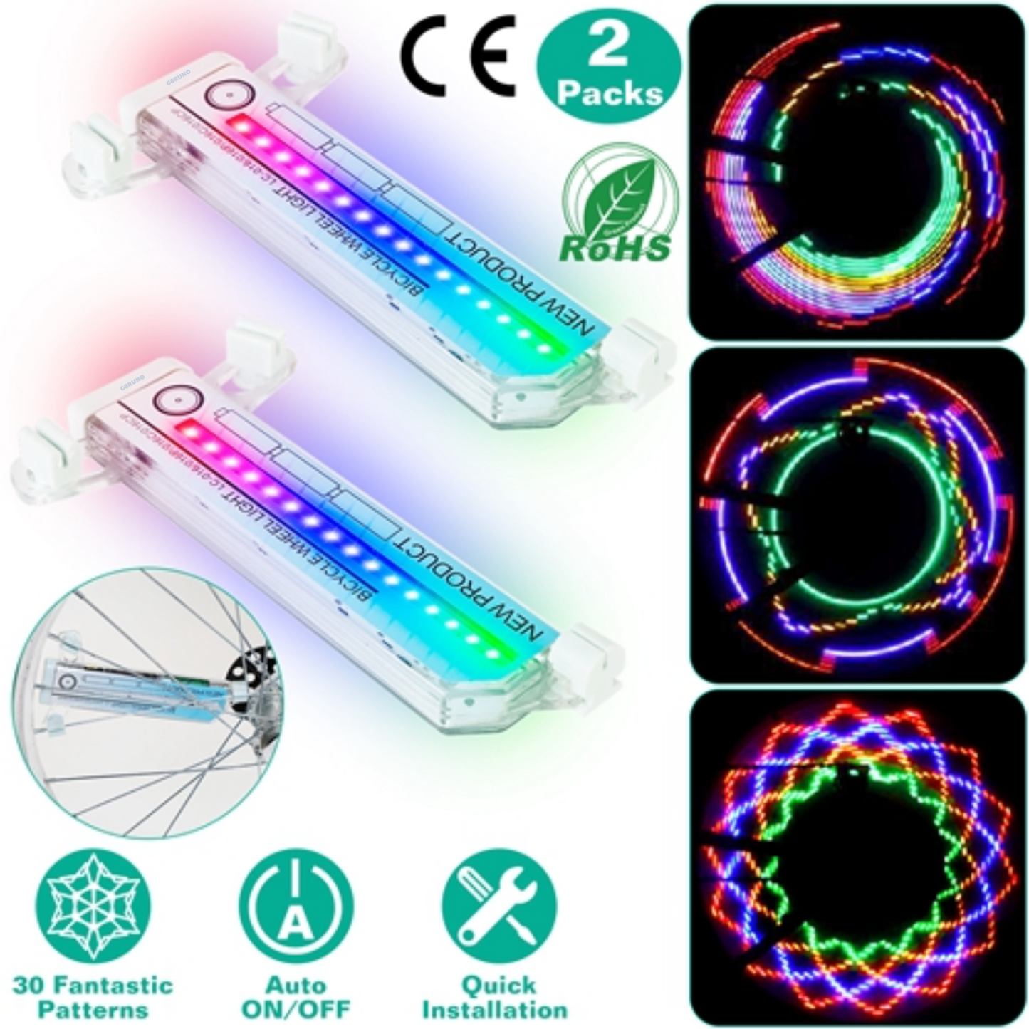 2Pcs 32LEDs Patterns Cycling Lights Rainbow Wheel Tire Flash Lamp Bicycle Colorful LED Wheel Spoke Signal Light w/ 30 Patterns