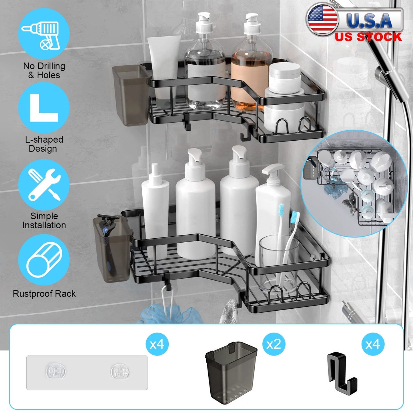 2Pcs Corner Shower Caddy Anti-Rust Soap Holder Hanging Hook No Drilling Adhesive Shower Organizer Corner Shelves Bathroom Kitchen