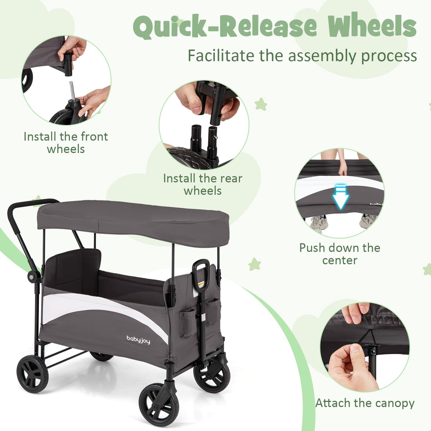 2-Seat Stroller Wagon with Adjustable Canopy and Handles-Gray