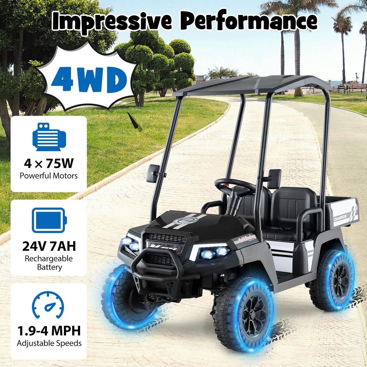 24V Kids Golf Cart 4WD 2-Seater Ride on Car with Storage Trunk and Horn-Black