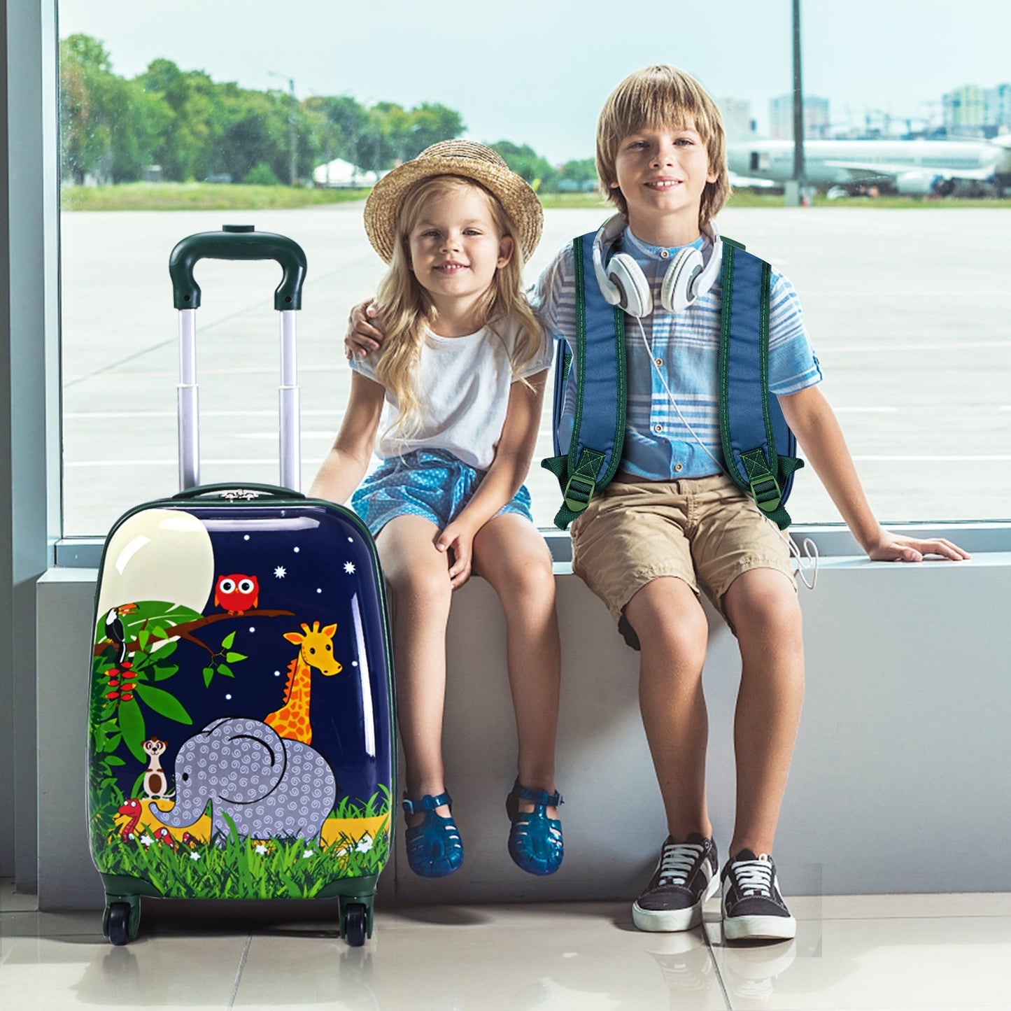 2 Pieces 12 Inch and 16 Inch Kids Carry on Suitcase Rolling Backpack School Luggage Set-Elephant
