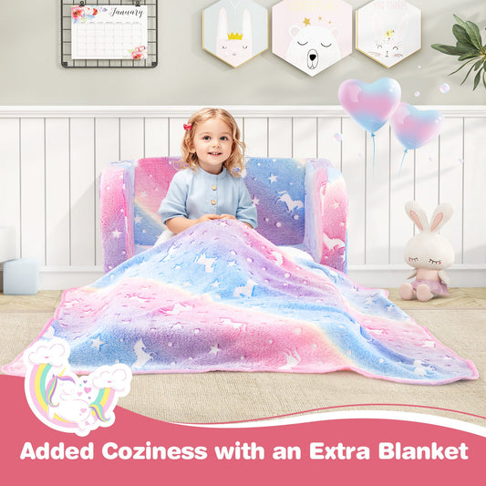 2-in-1 Folding Kids Couch with Blanket Glow in the Dark-Multicolor