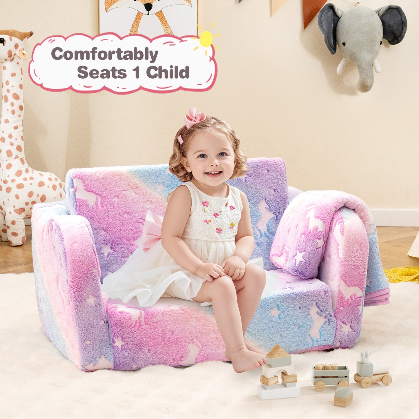 2-in-1 Folding Kids Couch with Blanket Glow in the Dark-Multicolor