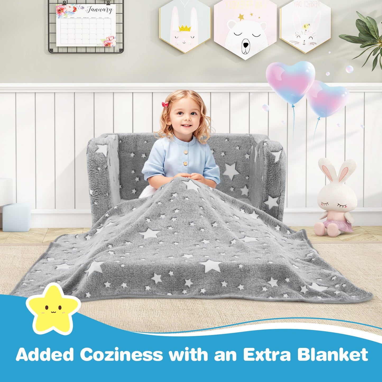 2-in-1 Folding Kids Couch with Blanket Glow in the Dark-Gray