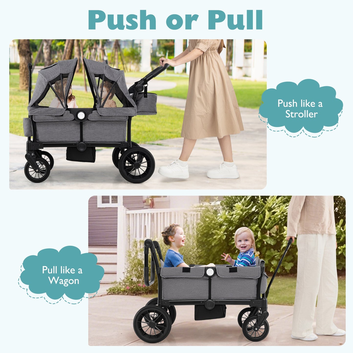 2 Seater Push Pull Collapsible Kids Wagon Stroller with Adjustable Handlebars-Gray