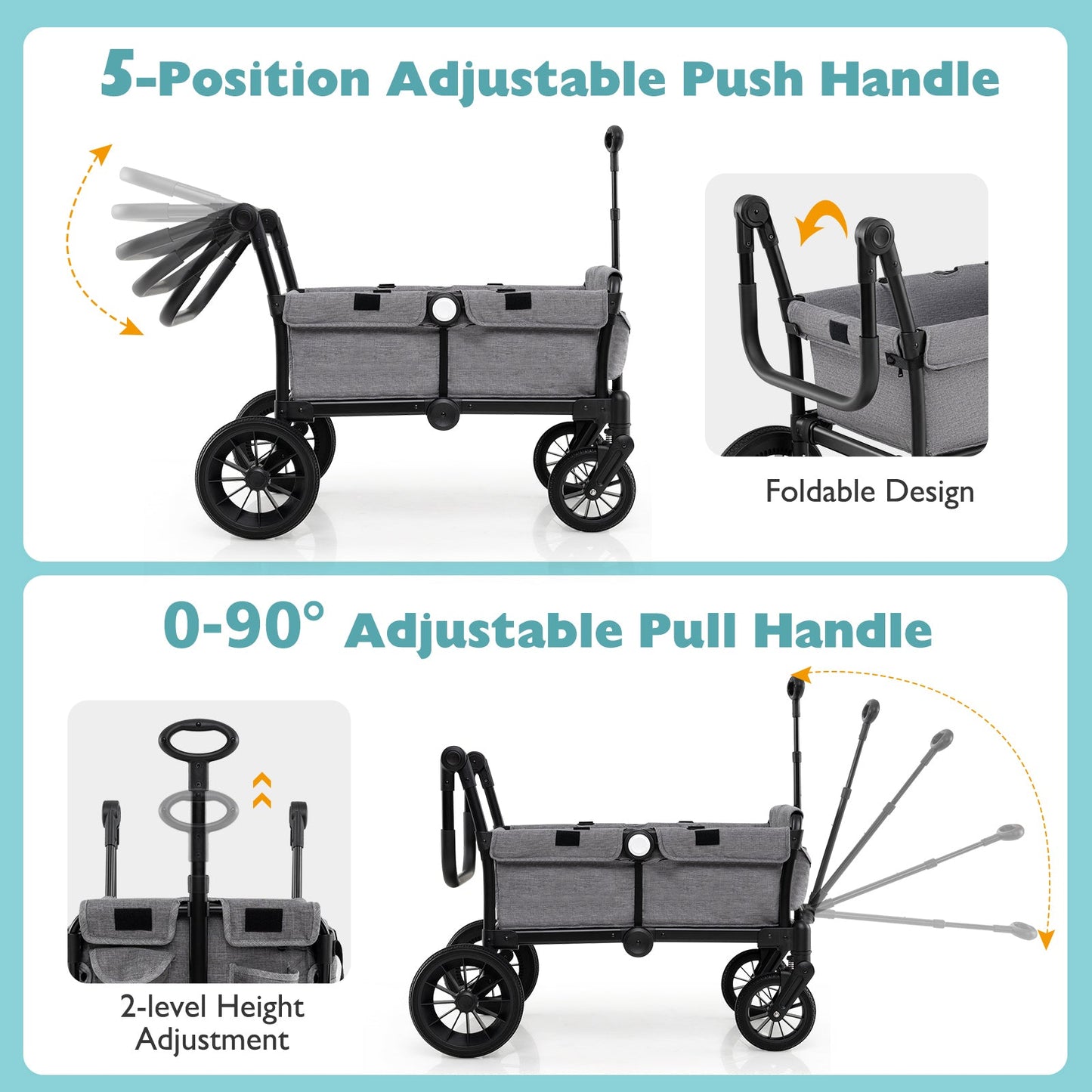 2 Seater Push Pull Collapsible Kids Wagon Stroller with Adjustable Handlebars-Gray