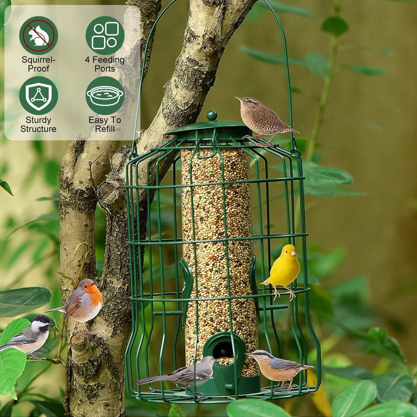 Outdoor Wild Bird Feeder Squirrel-Proof Chew-Proof Metal Hanging Seed Feeder with 4 Feeding Ports for Small Songbirds