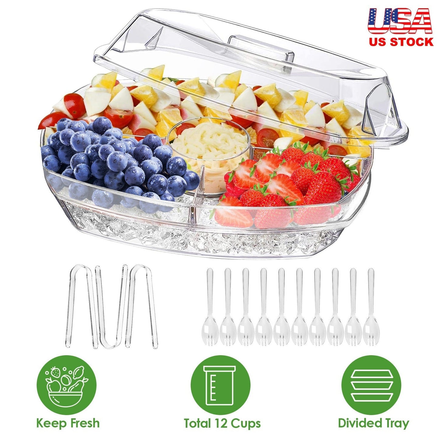 Fruit Ice Serving Tray Chilled Veggie Tray Shrimp Cocktail Serving Dish Appetizer Party Serving Platter Cold Food Buffet Server with Lid and 4 Compart