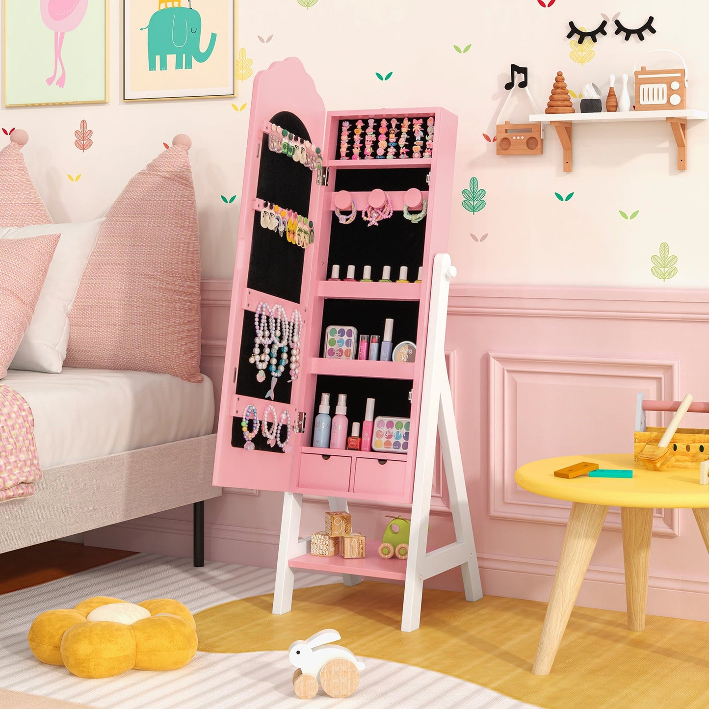 2 Pieces Kids Vanity Set and Jewelry Armoire Cabinet with Full-length Mirror-Pink