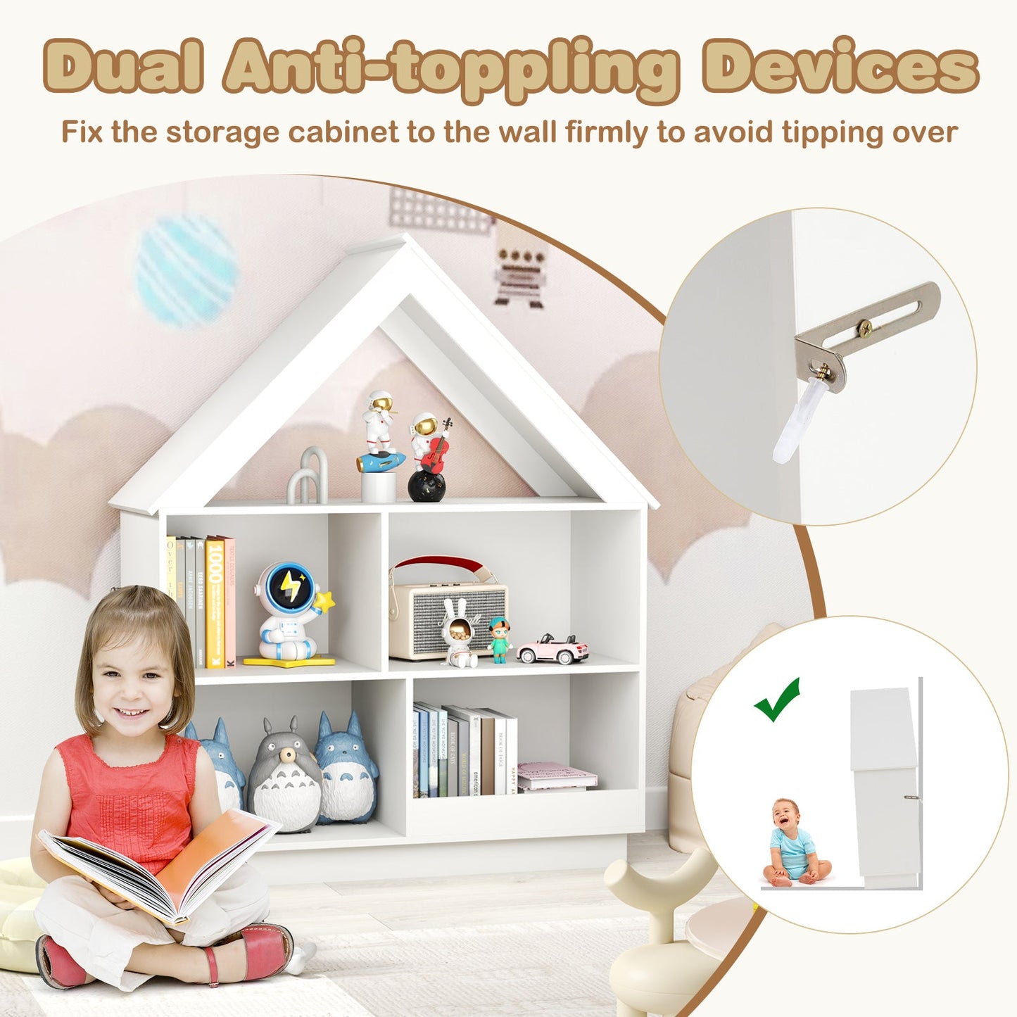 3-Tier House-Shaped Toy Storage Organizer with Open Shelves-White