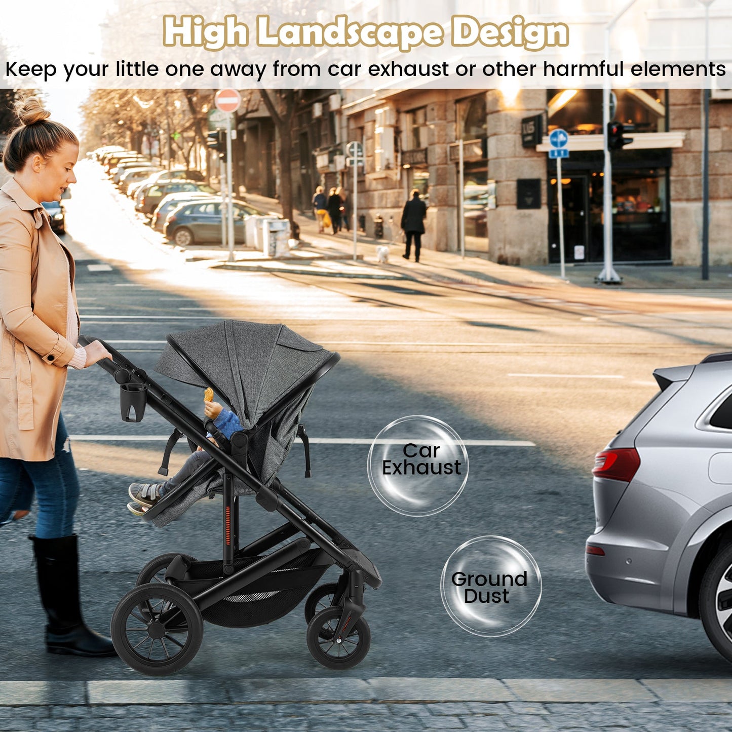 3-in-1 Folding Convertible Newborn Stroller with Detachable Bassinet-Gray