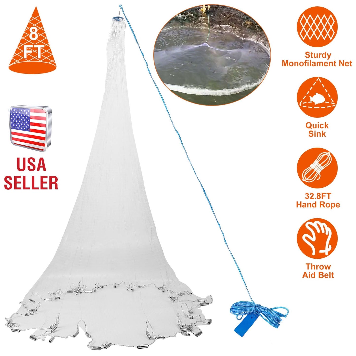 8ft Radius Fishing Cast Net Bait Trap Easy Throw Heavy Duty Hand Cast Net with Chain Sinker Bottom Spread