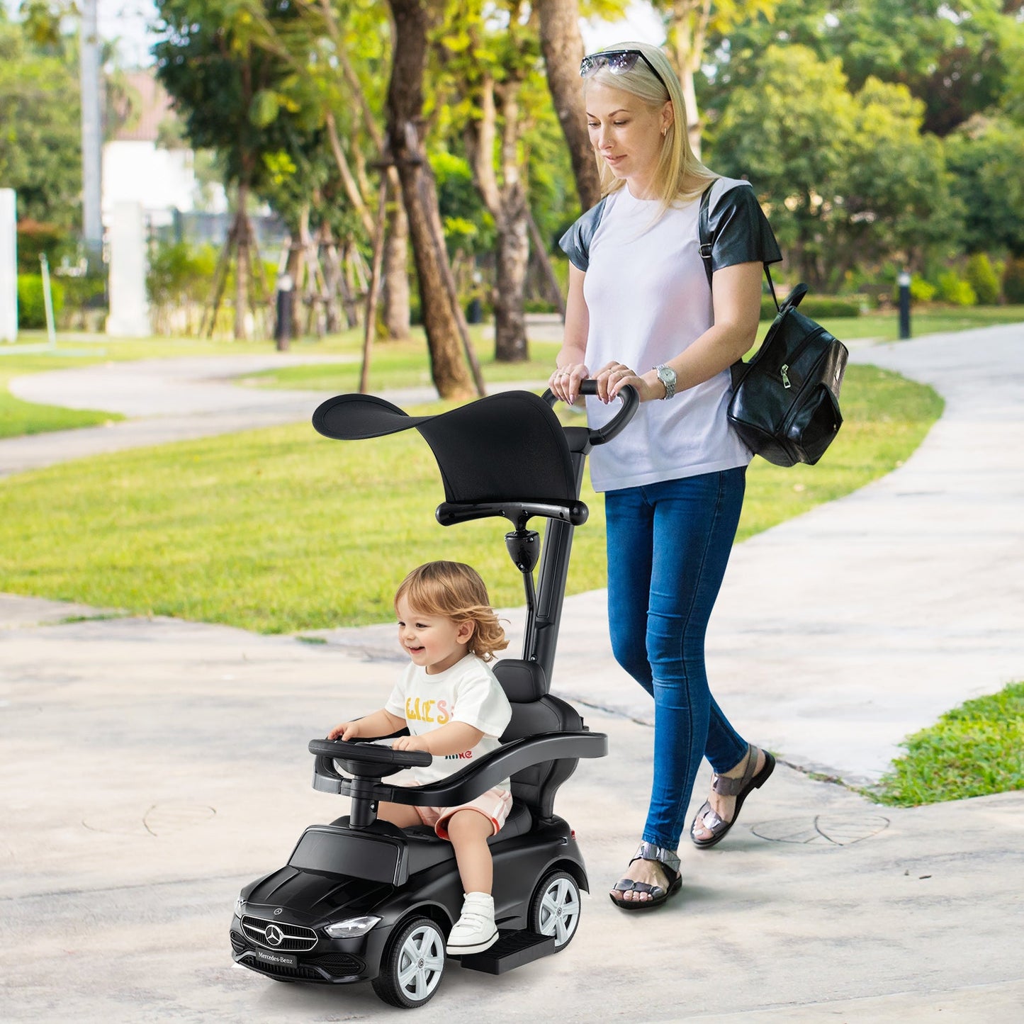 3-in-1 Ride on Push Car Mercedes-Benz Licensed Sliding Car with Canopy-Black