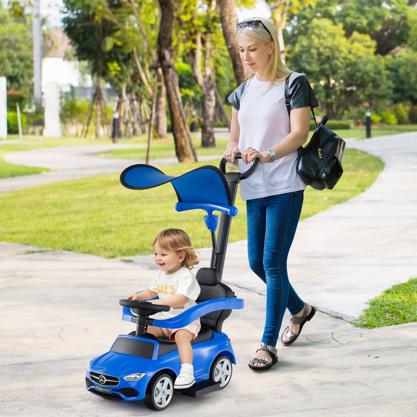 3-in-1 Ride on Push Car Mercedes-Benz Licensed Sliding Car with Canopy-Blue