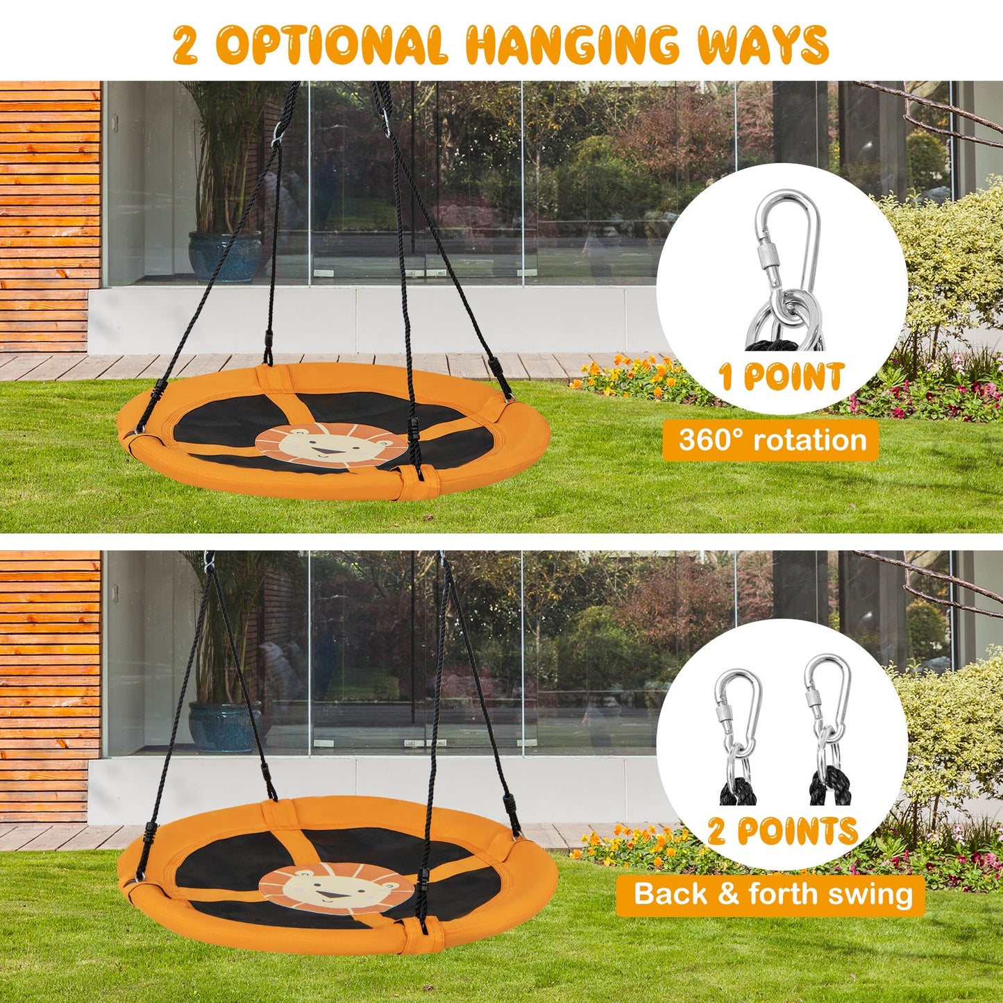 40 Inches Saucer Tree Swing Round with Adjustable Ropes and Carabiners-Yellow